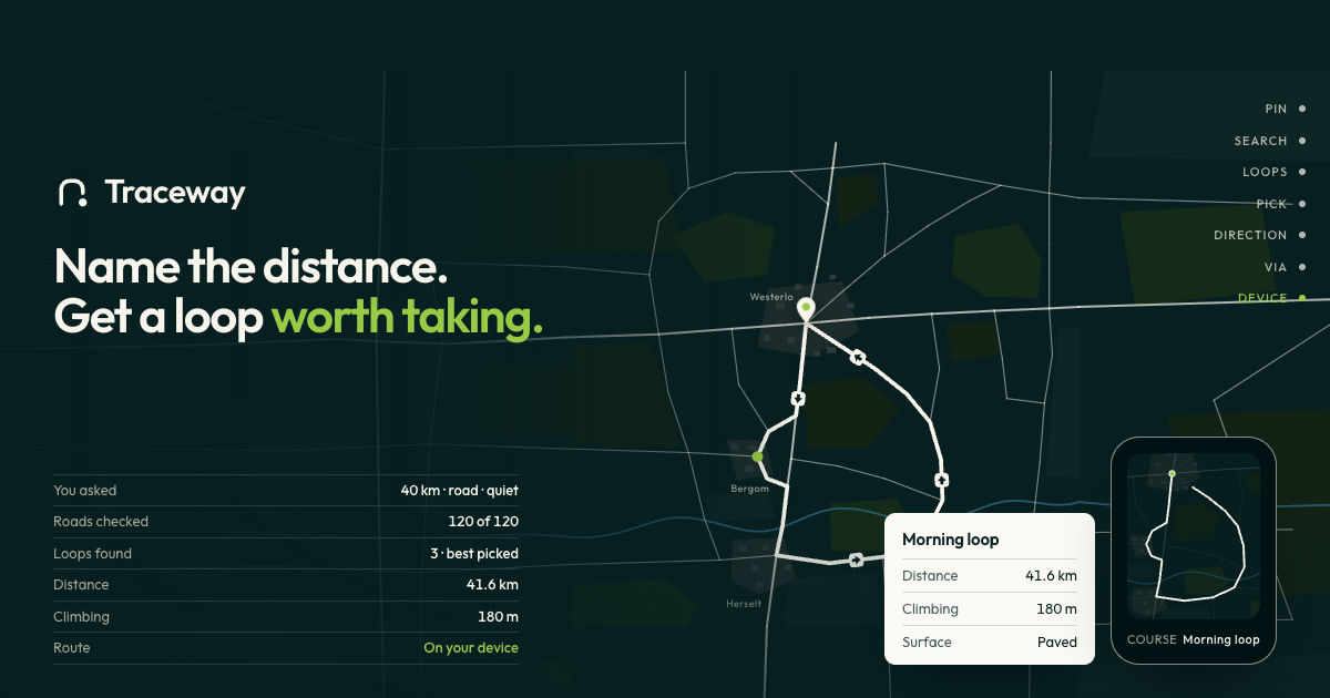 I built Traceway: drop a pin, pick a sport and a distance, and it plans a loop straight onto your wa
